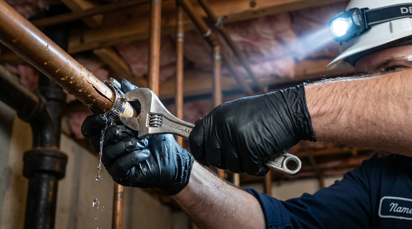 Emergency pipe clamp repair being performed by a Johns Plumbing LLC plumber in Beaverton