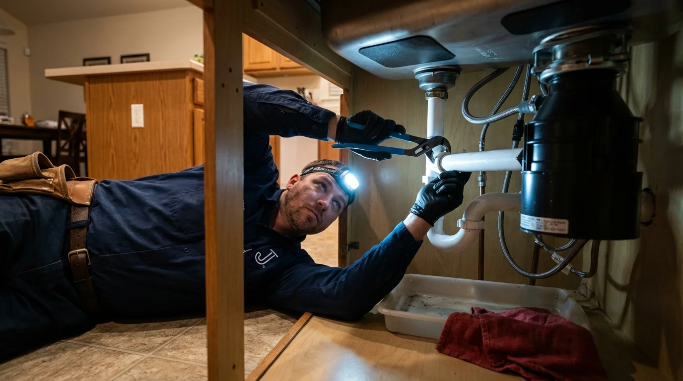 P-trap and supply line connections under a kitchen sink showing a common leak point in Beaverton, MI